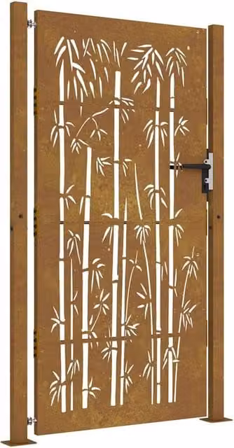 Berkfield Home Garden Gate in Brown Corten Steel with Bamboo Design, W: 105 cm, H: 205 cm