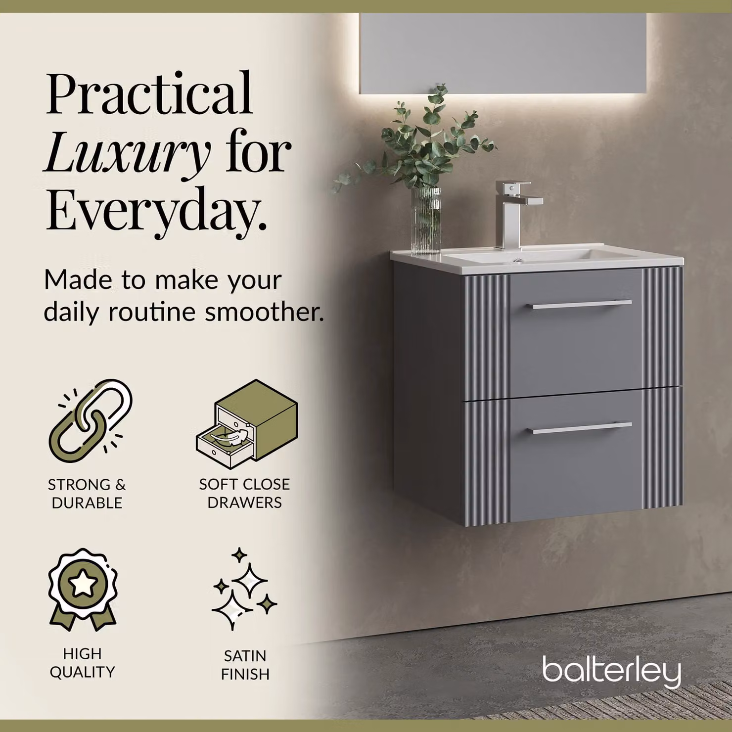 Balterley Wall Hung 2 Drawer Vanity Unit with Minimalist Basin, Satin Grey – 2