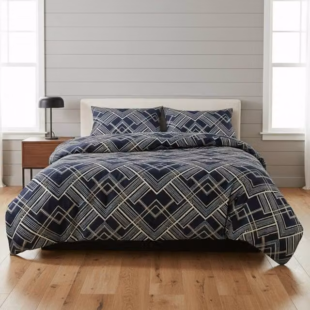 Snug City Grey and Blue Geometric Zig Zag Print Duvet Cover and Pillowcase Set, W: 180 cm, H: 200 cm