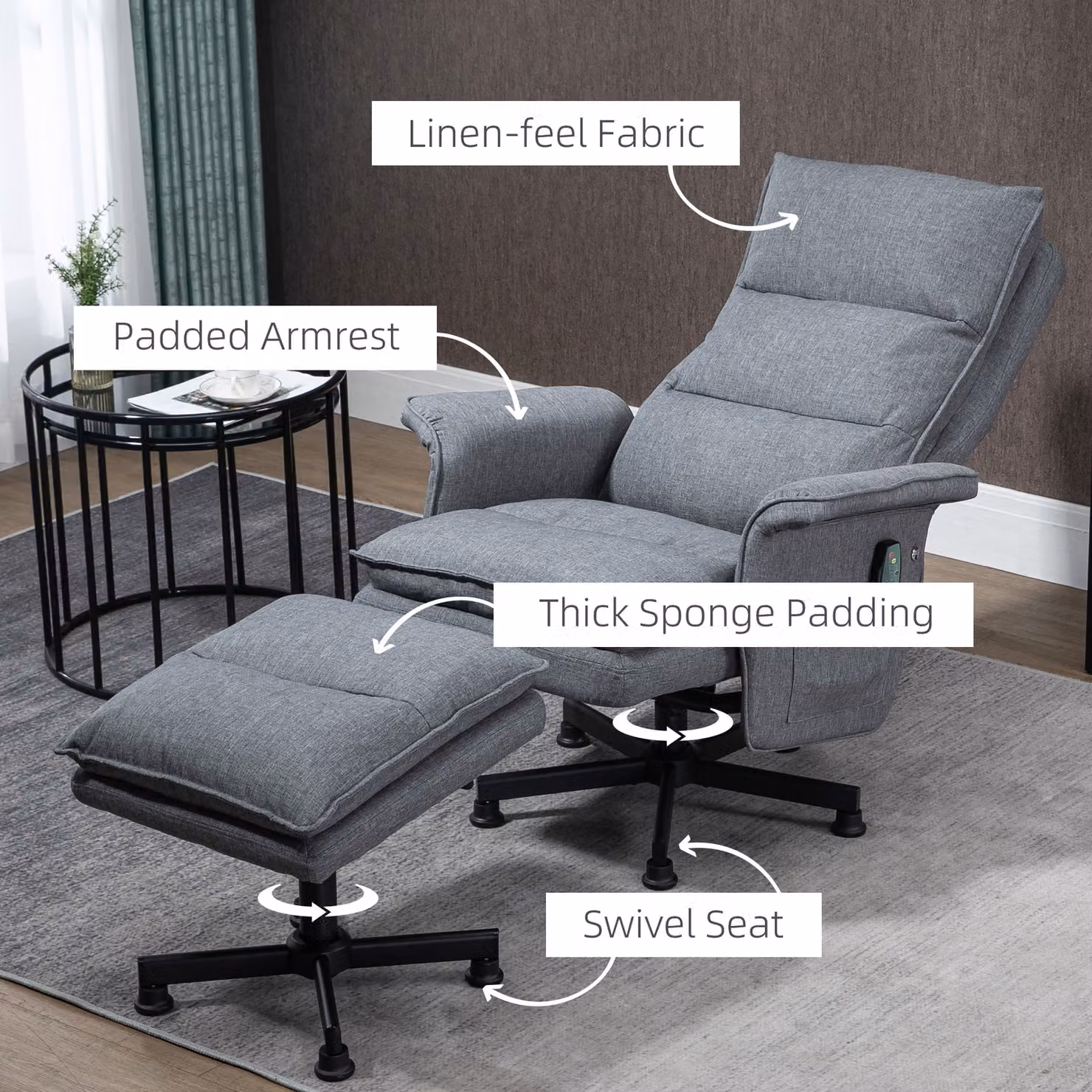 HOMCOM Swivel Massage Recliner Chair with Footstool and Remote Control in Grey – 5
