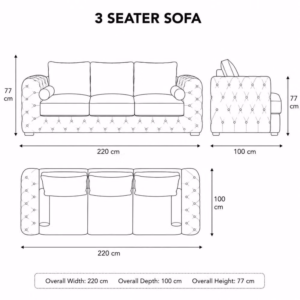 Stratus Interiors Ashley Luxury Chesterfield 3 Seater Fabric Upholstered Sofa in Royal Blue, W: 203.2 cm, H: 76.0 cm, D: 67.0 cm – 3