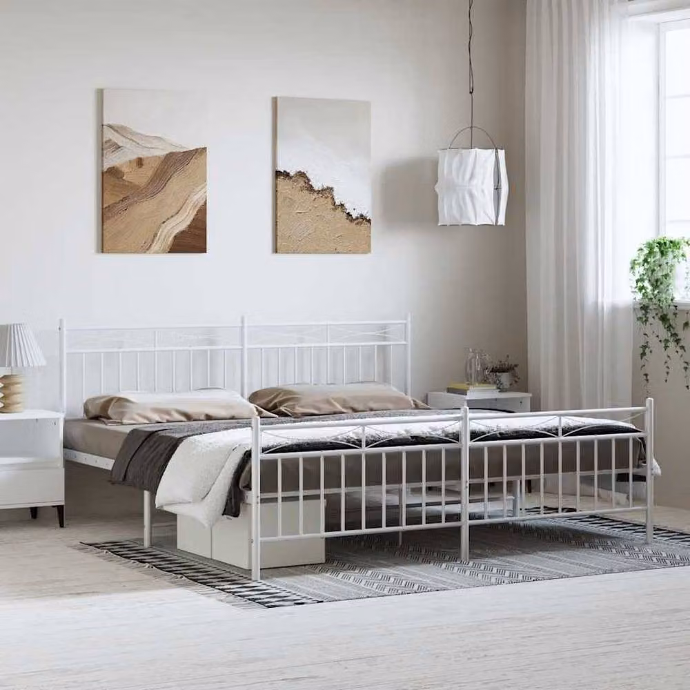 Berkfield Home Metal Bed Frame with Headboard and Footboard in White, W: 183 cm, L: 213 cm – 2