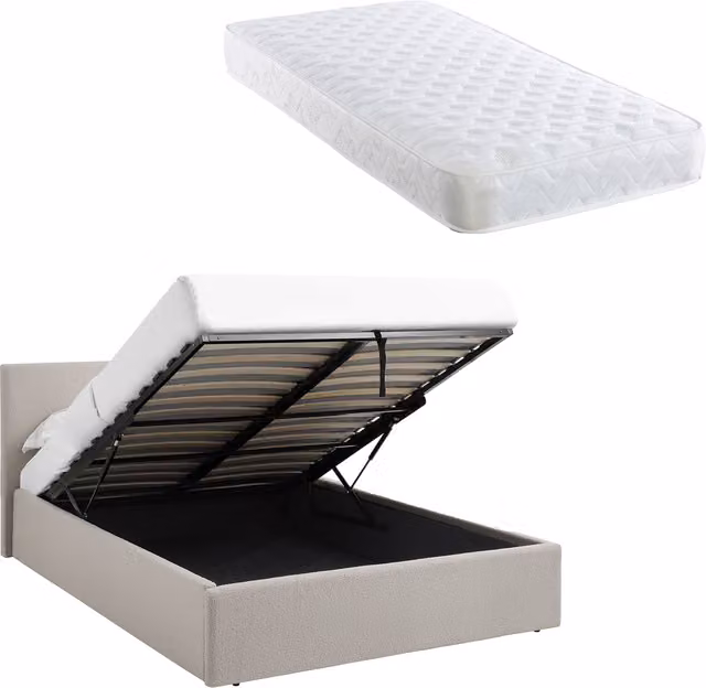 TEDDY BOUCLE Double Ottoman Bed with Sprung Mattress in Beige Boucle Fabric, W/D: 140 x 200 cm
