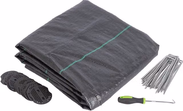 Harbour Housewares Black Weed Control Membrane Set with Pegs and Plates, 110gsm, 2m x 10m