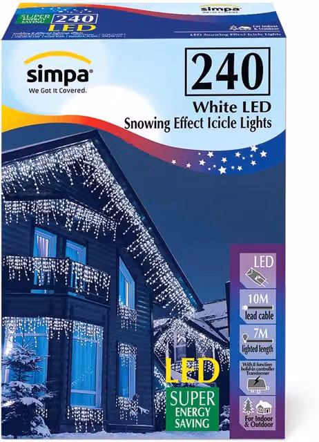 Simpa 240 LED Multi-Action Icicle Lights in White and Blue, 6m Indoor/Outdoor Christmas Lights