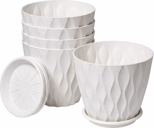 Toque 5-Piece Set of White Indoor Plant Pots with Drainage, 20 cm Diameter
