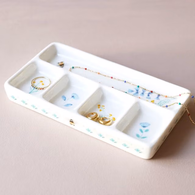 Lisa Angel White Ceramic Rectangular Floral Bee Trinket Tray in Cornflower Blue and Yellow
