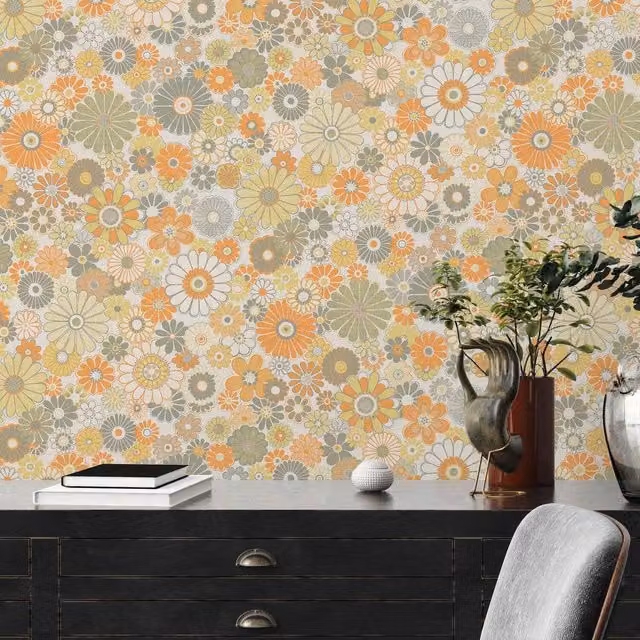 A.S. Création Retro Floral Botanical Wallpaper in Orange and Green