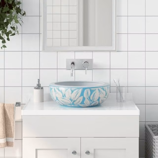 Berkfield Home Round Ceramic Countertop Basin in White and Blue, Diameter: 41 cm, Height: 14 cm