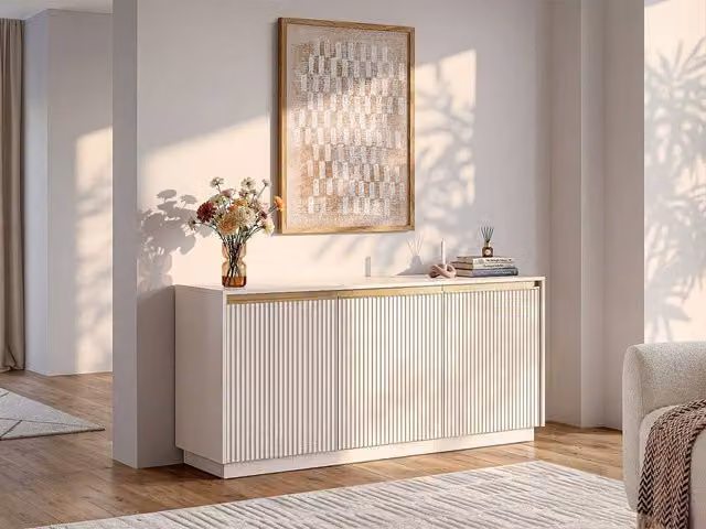 POSINIA Modern Buffet with 3 MDF Doors in Beige and Gold