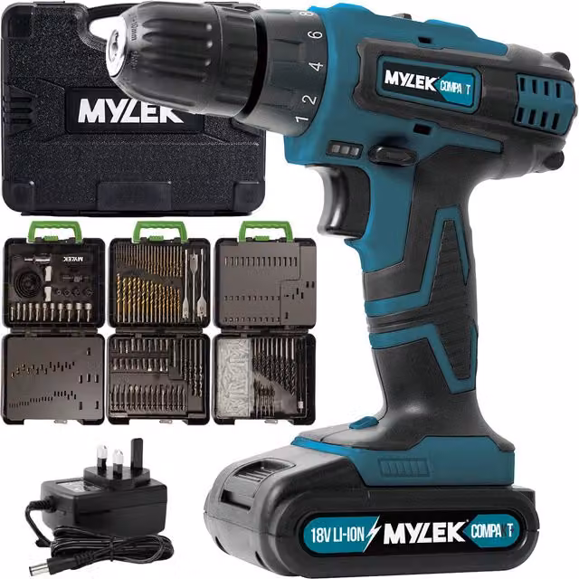 MYLEK 4ORCE Cordless Drill with 204 Piece Accessory Kit in Blue and Black