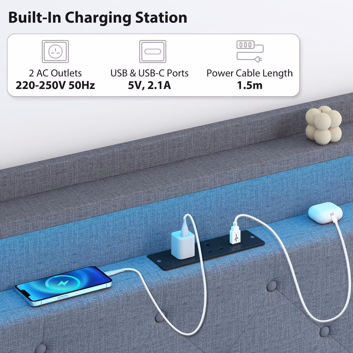 HOMCOM Upholstered Floating Single Bed Frame in Grey with RGB LED Lights, USB Charging Port and Side Compartments, W/D/H: 90 x 190 cm – 5