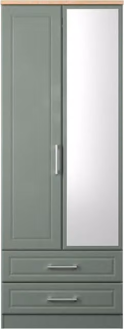 2 U Norfolk Ready Assembled Tall 2 Door Mirrored Wardrobe with 2 Drawers in Pale Green