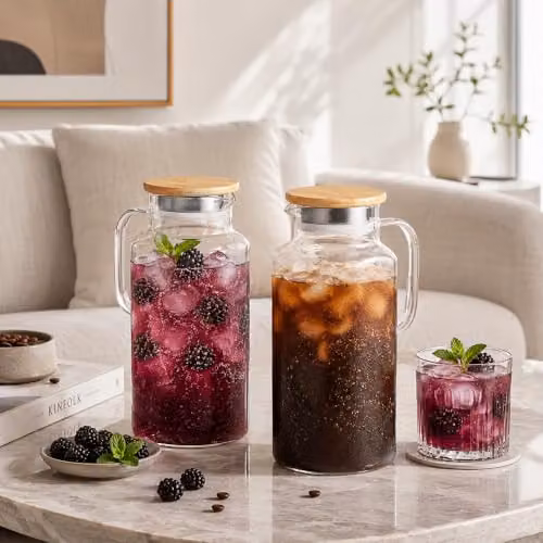 Eden & Willow Square Glass Water Jugs with Bamboo Lids and Strainer, 1.8 l, 2 Pack, Transparent – 2