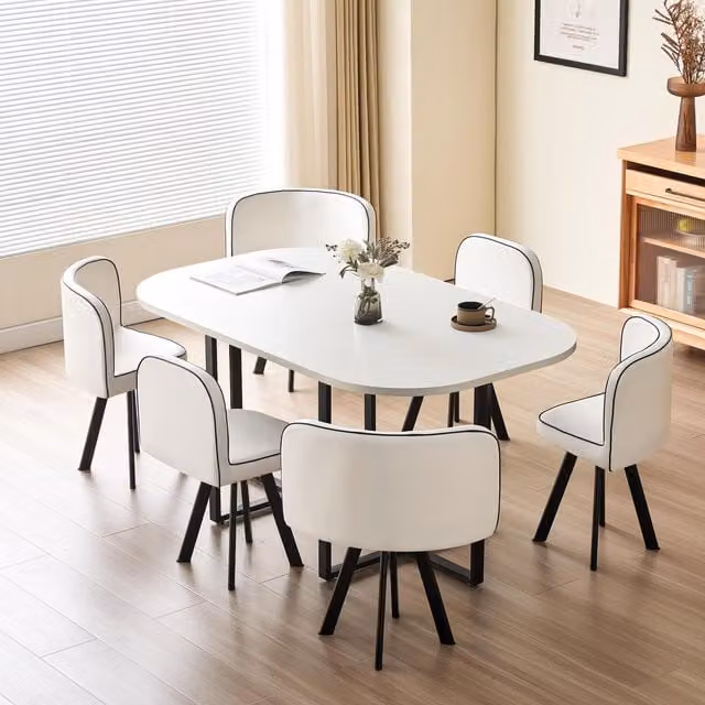 Comfy Living White Rectangular Dining Table and 6 Chairs Set with Metal Legs and MDF Laminate Finish
