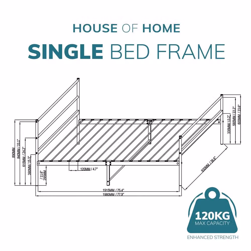House of Home Single Metal Bed Frame, White, W/D/H: 90 x 190 cm – 2