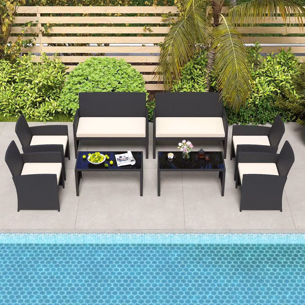 Costway 4-Piece Polyrattan Patio Conversation Set with Upholstered Cushions and Metal Frame in Multicolour – 5