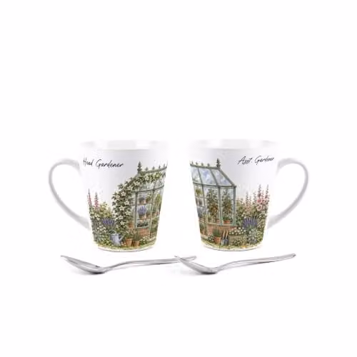 Purely Home Greenhouse Gardening Latte Mugs and Spoons Gift Boxed Set in Green and White with Floral Design – 4