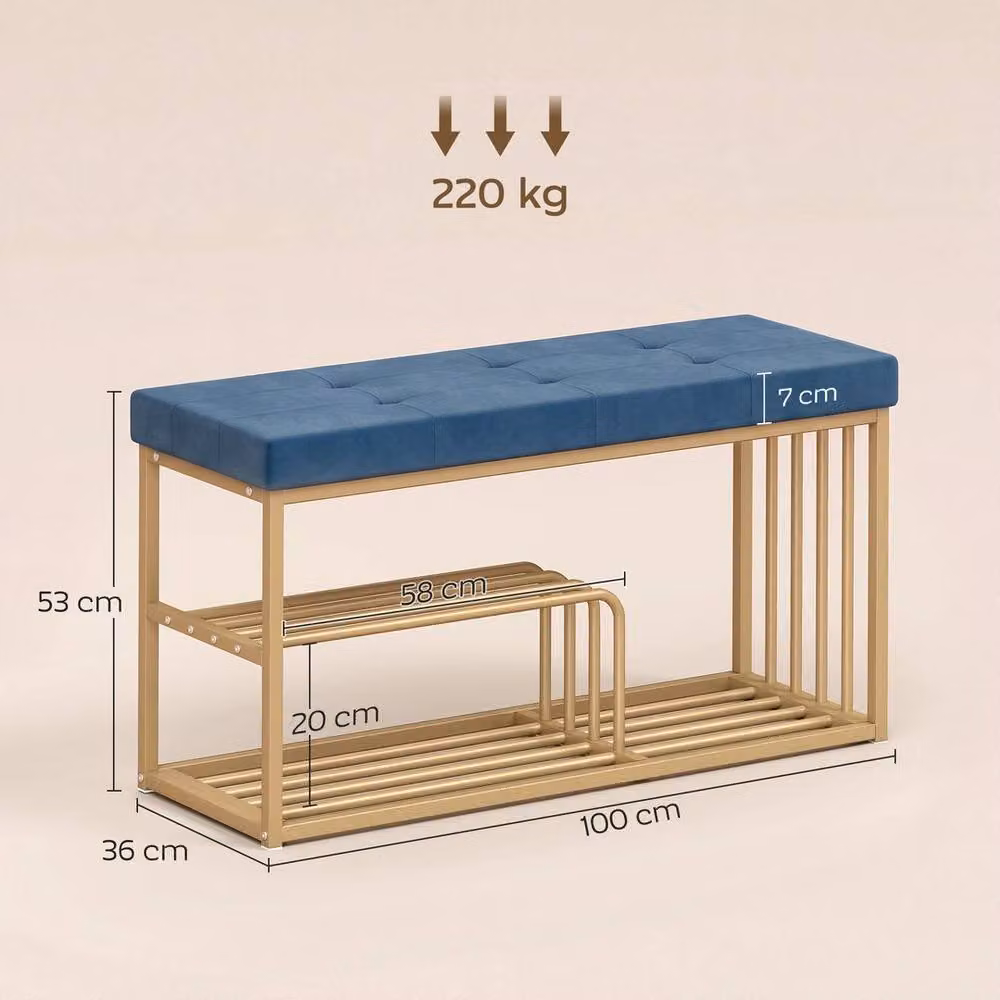 HOMCOM Blue Velvet Upholstered Shoe Rack Bench, Width: 90 cm – 2