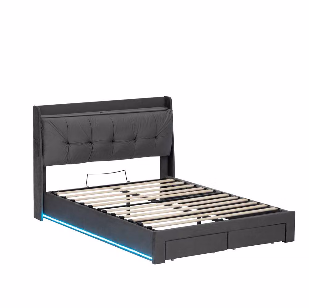STILVORA Grey Velvet King Ottoman Bed with Under-Bed LED Lighting and USB Charging Port, W/D/H: 180 x 200 cm – 6