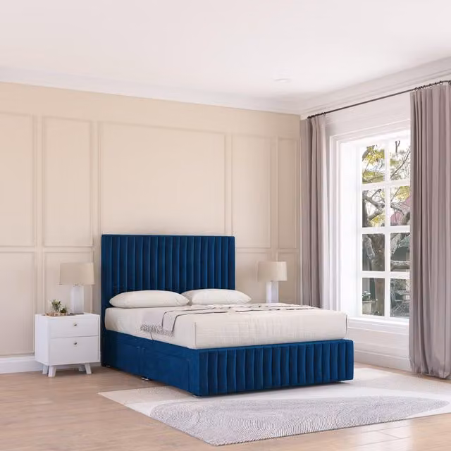 Sloomy Madison Plush Velvet Bed Set with 4 Drawers, Mattress and Headboard in Navy Blue, Super King Size