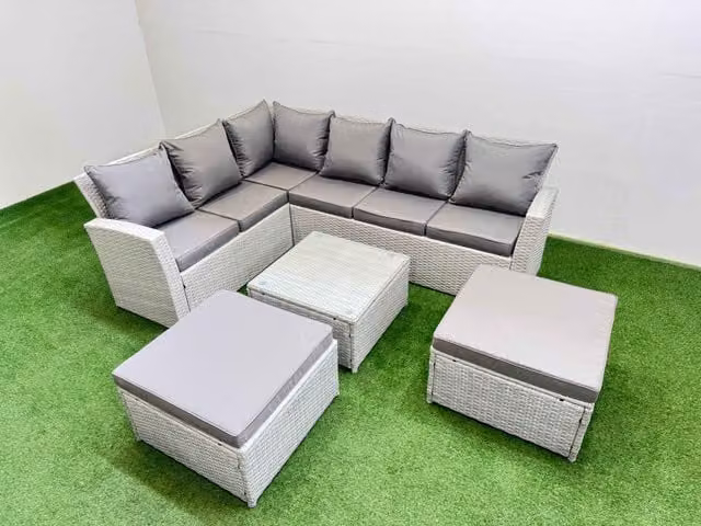 Fimous 8 Seater L-Shape Corner Garden Sofa Set in Light Grey with Coffee Table and 2 Ottomans
