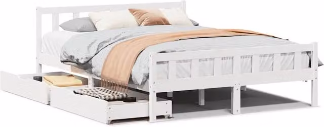 Berkfield Home White Solid Wood Pine Bed Frame with Drawers W/D/H: 160 x 200 x 69.5 cm