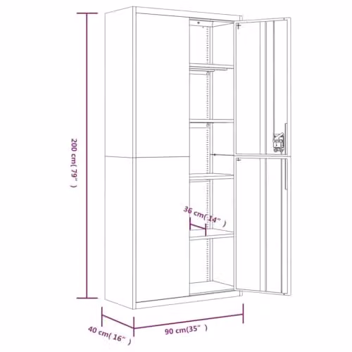 vidaXL Black Metal File Cabinet with Lock and Adjustable Shelves, W/D/H: 90 x 40 x 200 cm – 3