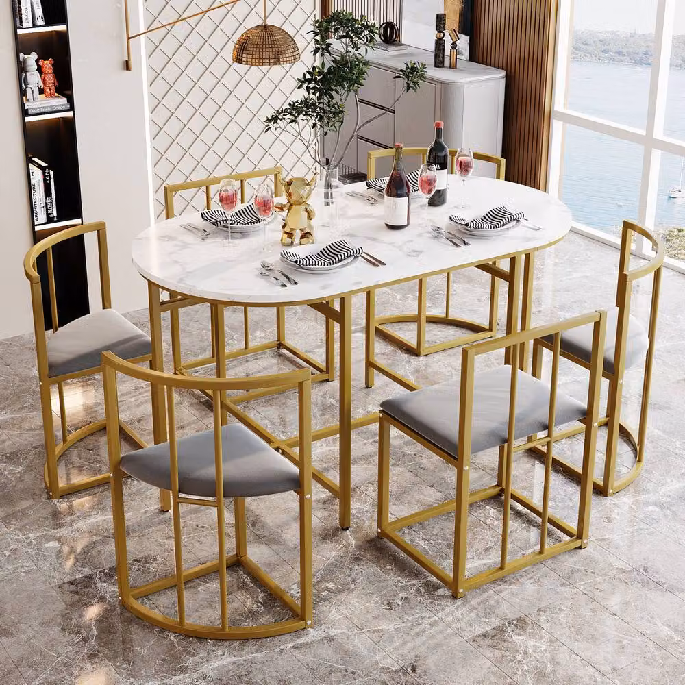 Rolipo Modern White Oval Dining Table Set with 6 Grey Velvet Chairs and Gold Legs – 2