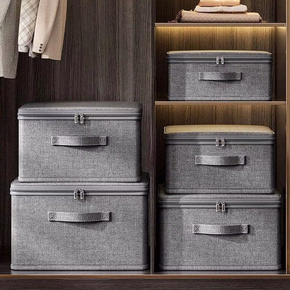 KORVIXA Grey Fabric Folding Clothes Storage Box with Handles – 4