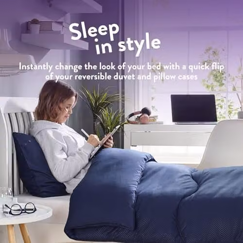 Slumberdown Back to Uni Single Bed Set with 10.5 Tog Coverless Duvet, 2 Pillows and Matching Pillowcase in Navy Blue Herringbone – 4