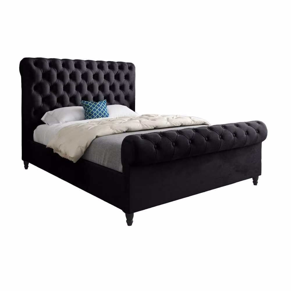 KDMD Tittleshall Sleigh Upholstered Designer Bed Frame in Black Soft Velvet, Single – 2