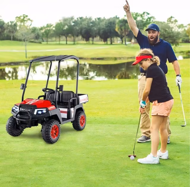 Costway Red 2 Seater Kids Electric Ride On Golf Cart with Canopy and Rechargeable Battery