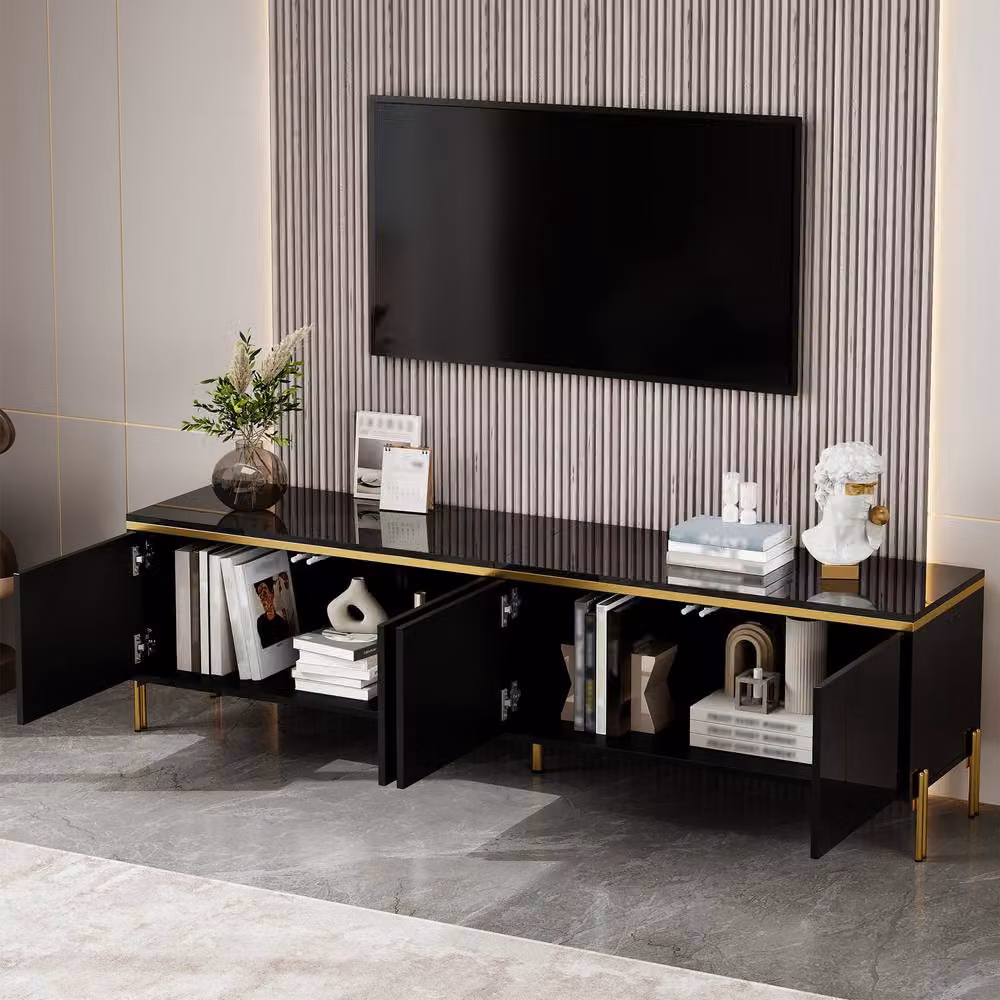 Matteo Modern High-Gloss TV Stand with Media Compartments in Black and Gold – 5
