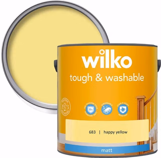 wilko Tough and Washable Matt Emulsion Paint, Happy Yellow, 2.5 l