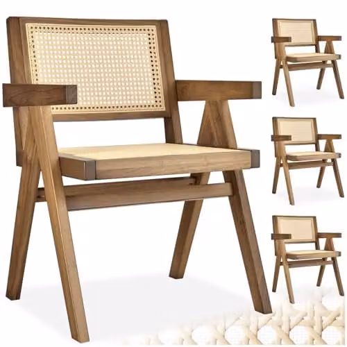 tectake Set of 4 Mid-Century Modern Dining Chairs in Brown Oak with Rattan Detail – 1