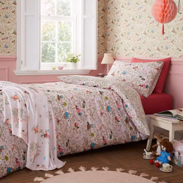 Belle and Boo Fairytale Reversible Floral Cotton Duvet Cover Bedding Set for Children, Pink