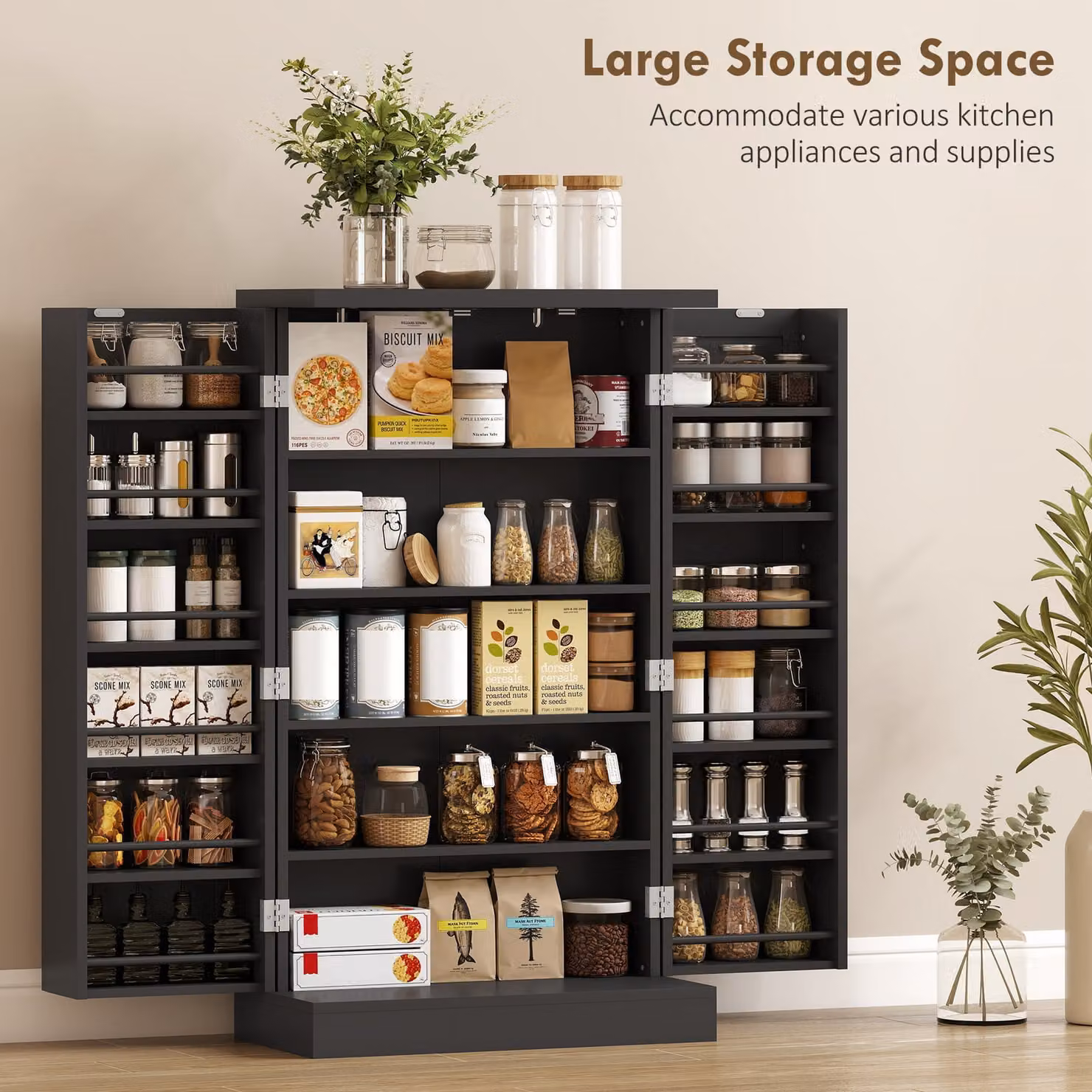 HOMCOM Black Freestanding Kitchen Pantry Cabinet with Adjustable Internal Shelves and Hinged Doors, W: 60.0 cm, D: 21.5 cm, H: 104.0 cm – 4