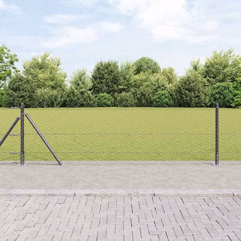 Berkfield Home Grey Powder-Coated Steel Hexagon Round Wire Fence, H: 60 cm, W: 0.6 m, L: 100 m