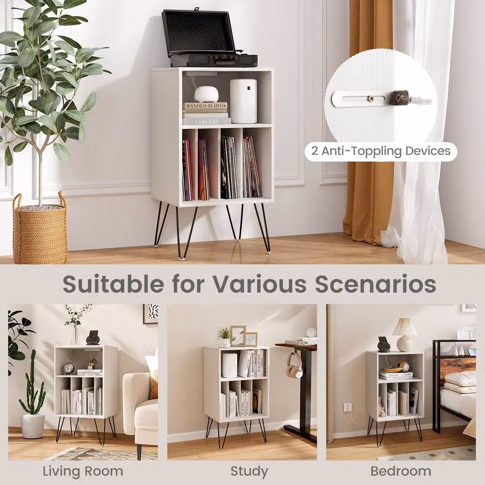 Gymax 3-Tier Modern Record Player Stand with Charging Station and Media Compartments in White – 4