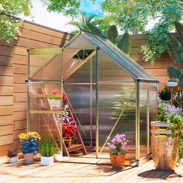 Outsunny Polycarbonate Greenhouse with Aluminium Frame and Sliding Windows in Silver Tone