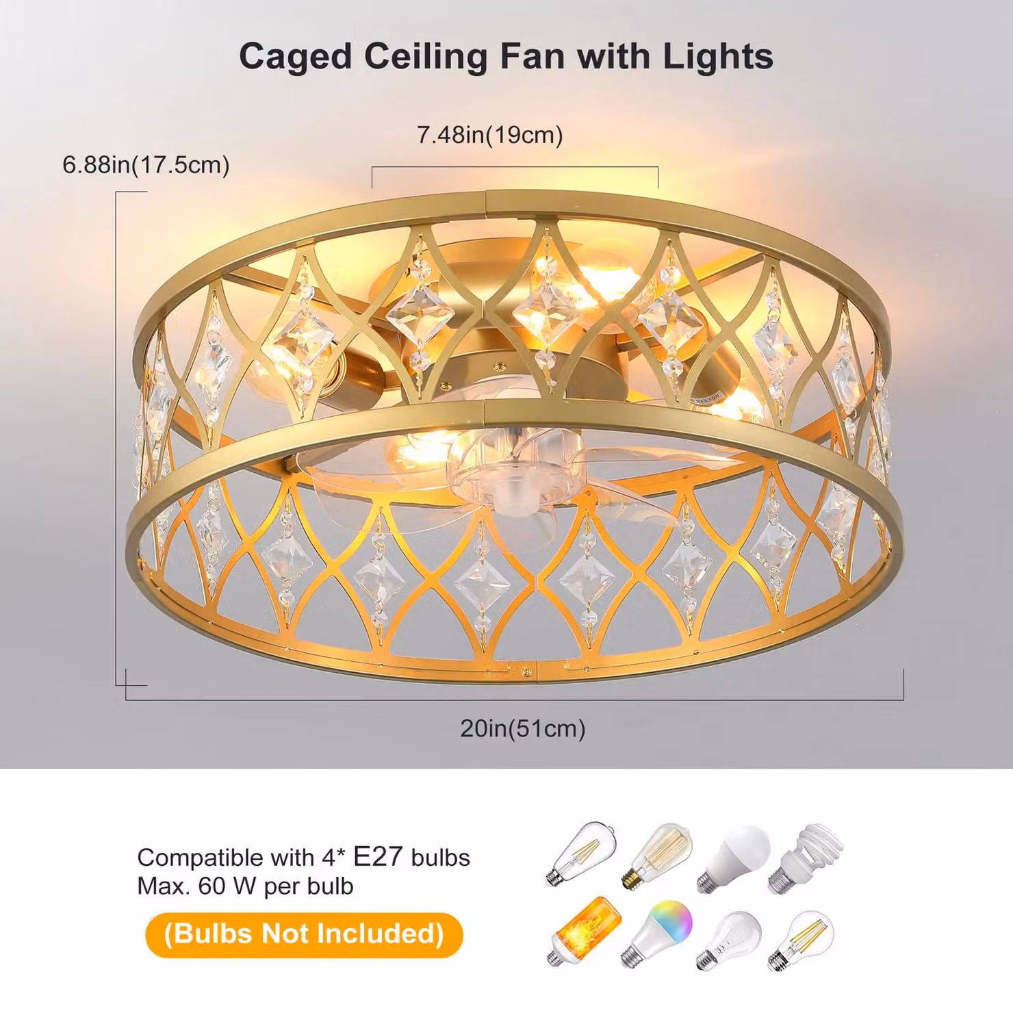 Garwarm Industrial 4-Light Caged Ceiling Fan in Gold/Brass with Transparent Glass Shades
