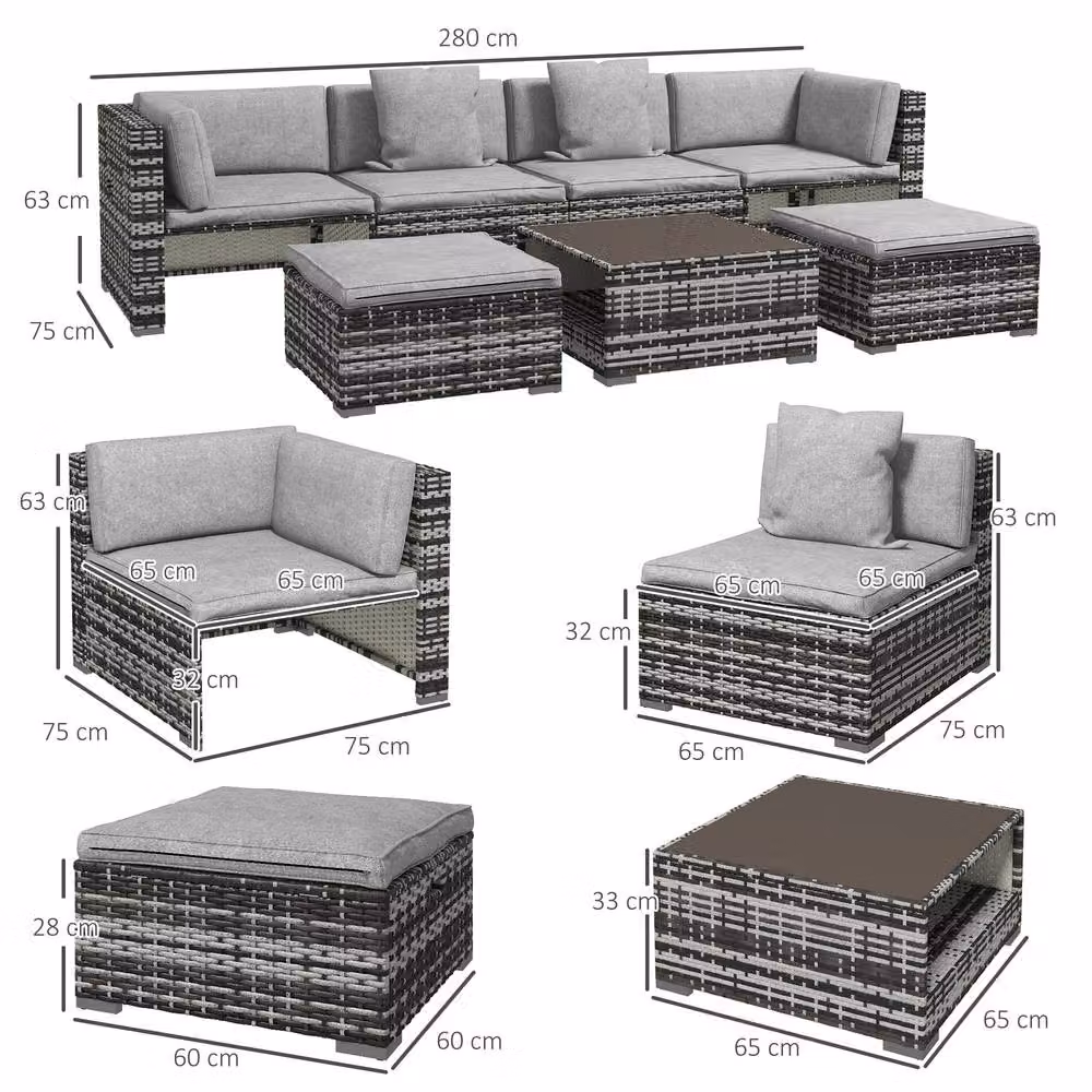 STILVORA 7-Piece Modern Sofa Set with Glass-Top Table in Grey – 3