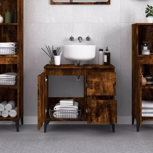 Berkfield Home Freestanding Bathroom Cabinet in Smoked Oak Brown, W/D/H: 65 x 33 x 60 cm