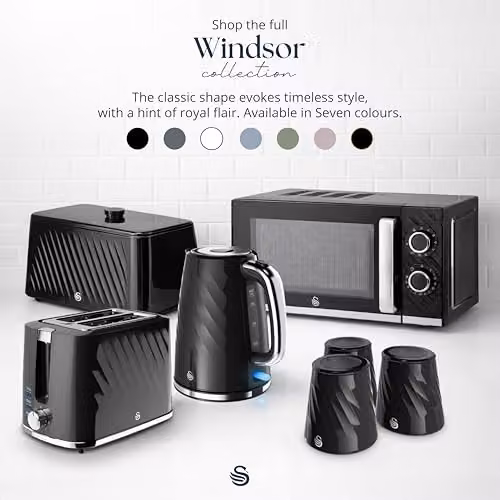 Swan Windsor Kitchen Set, 1.7L Kettle and 2 Slice Toaster in Black – 8