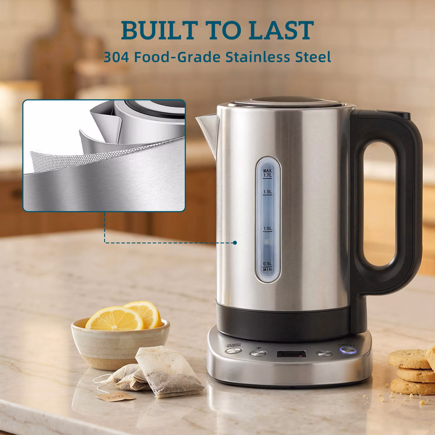 HOMCOM Electric Kettle, 1.7 l, Silver Tone, with Keep Warm Function and Limescale Filter – 8