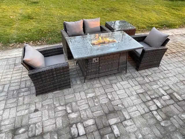 Fimous 4 Seater Outdoor Rattan Garden Furniture Set with Gas Firepit Dining Table and Side Table in Dark Grey
