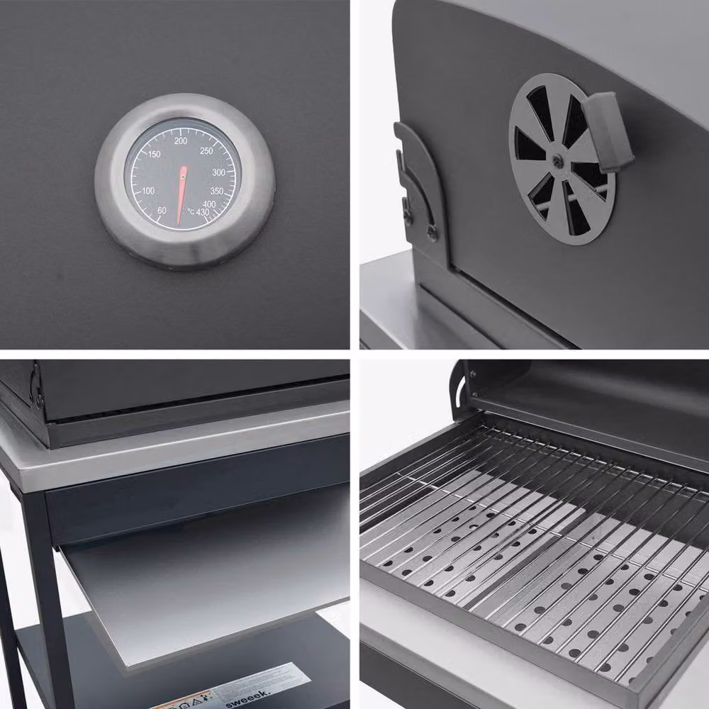 sweeek Black Charcoal Barbecue Grill with Stainless Steel Shelves and Thermometer – 3