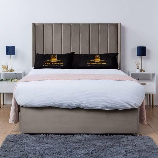 UK Bed Furniture Bella Wingback Divan Bed Base with 54 Inch Headboard in Light Beige, Super King, W/D/H: 200 x 200 cm