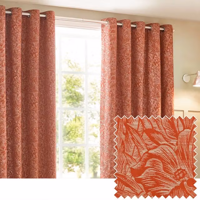 Wylder Nature Grantley Floral Jacquard Eyelet Curtain Pair in Orange, Width: 117 cm, Drop: 183 cm